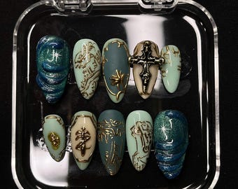 Gothic Zelda Press On Nails: Gold Relic Art, 3D Cross Charm