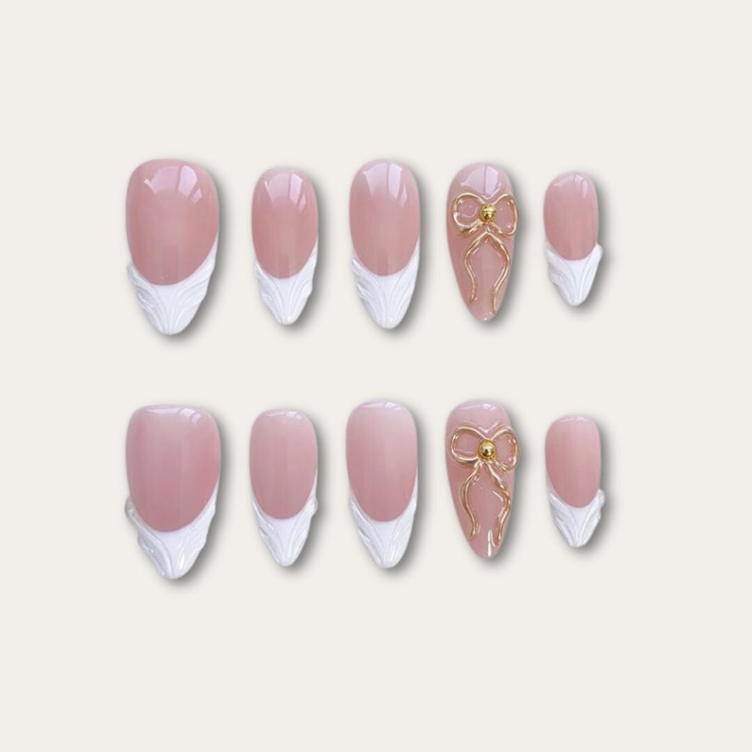 Pink Coquette Bow Press on Nails | 3D Sculpted White Ribbon Fake Nails ...