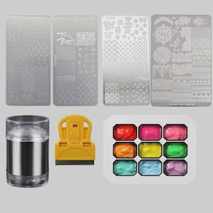 Nagel Stempel Kit | 9 Farben Gel, 3 Stahl Bildplatten, Stamper, Schaber (DIY Nailart)