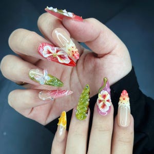 Handmade 3D Floral Press-On Nails: Tropical Bloom Stiletto with Butterfly Accents