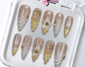 Pearl Flower Press On Nails: Golden Accent 3D Nail Art