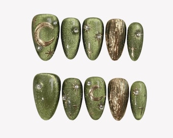 Green Gold Glitter Press-On Nails: Celestial Moon Star Designs
