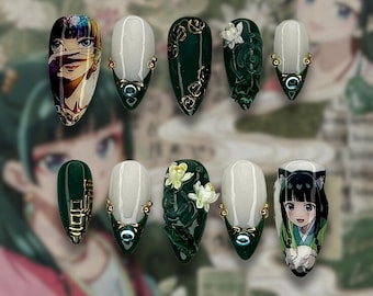 Maomao Anime Press On Nails: 3D Floral Cosplay Nail Art