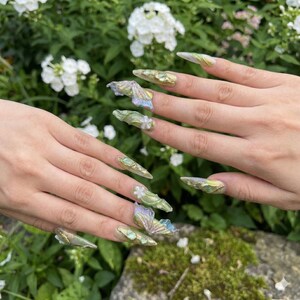 Fairycore Press On Nails, Butterfly, Emerald & Gold, Cottagecore, Long Almond Nails, Floral | 3D Nail Art, Festival, Wedding, Gift for Her image 4