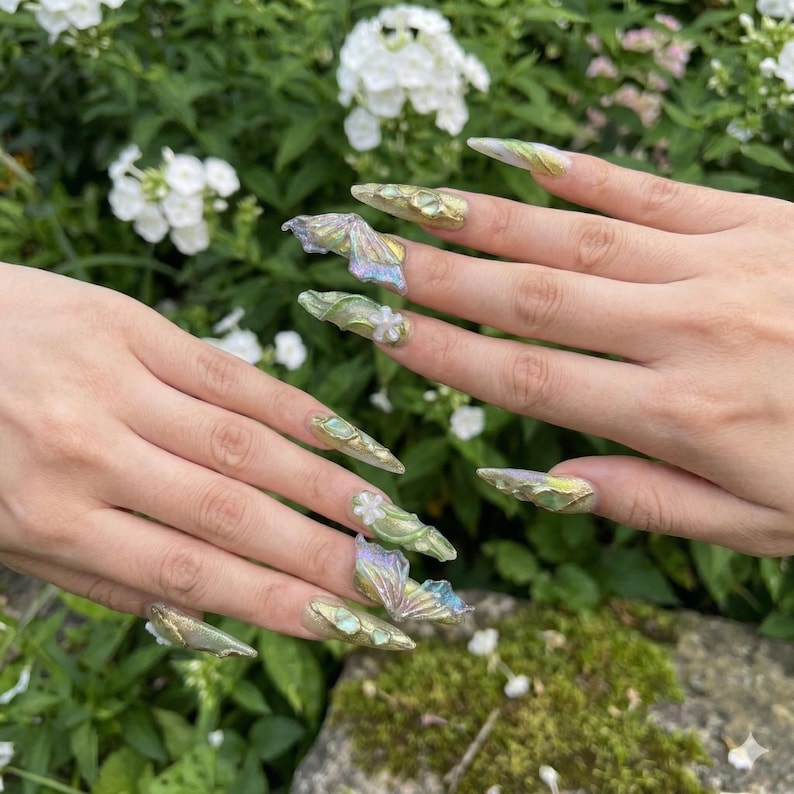 Fairycore Press On Nails, Butterfly, Emerald & Gold, Cottagecore, Long Almond Nails, Floral | 3D Nail Art, Festival, Wedding, Gift for Her image 4