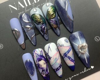 Anime-Inspired / Handmade Press-on Nails / Purple / Blue / with Character Art / Butterfly Wings