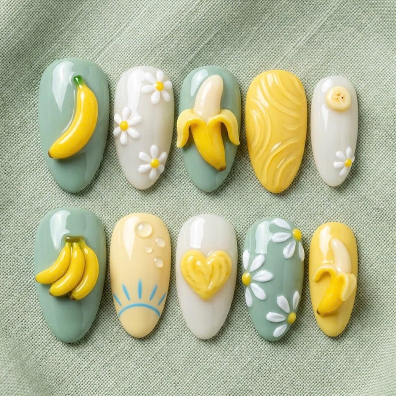Handmade Banana Daisy Press on Nails | Sage Green Almond Fake Nails image 1
