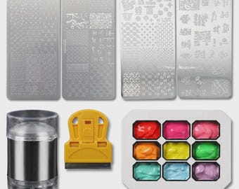 Nail Stamping Kit | 9 Colors Gel, 4 Steel Image Plates, Stamper, Scraper (DIY Nail Art)