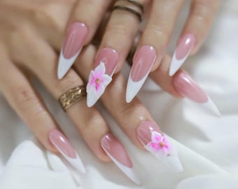 3D Flower Stiletto Press-On Nails – Handmade Sakura Floral French Tips