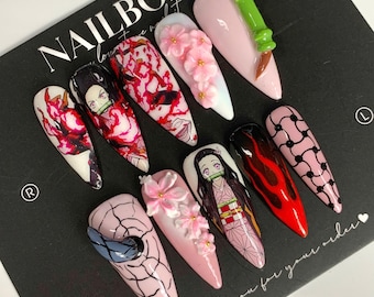 Anime Press-On Nails| Nezuk Design | 3D Floral, Pink Flame Design