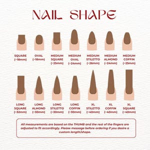 Puede incluir: Diagrama que ilustra varias formas de u&ntilde;as, incluyendo cuadrada, ovalada, stiletto y ata&uacute;d, con longitudes aproximadas en mil&iacute;metros. El texto superior dice "NAIL SHAPE". El texto inferior indica que las medidas se basan en el pulgar.