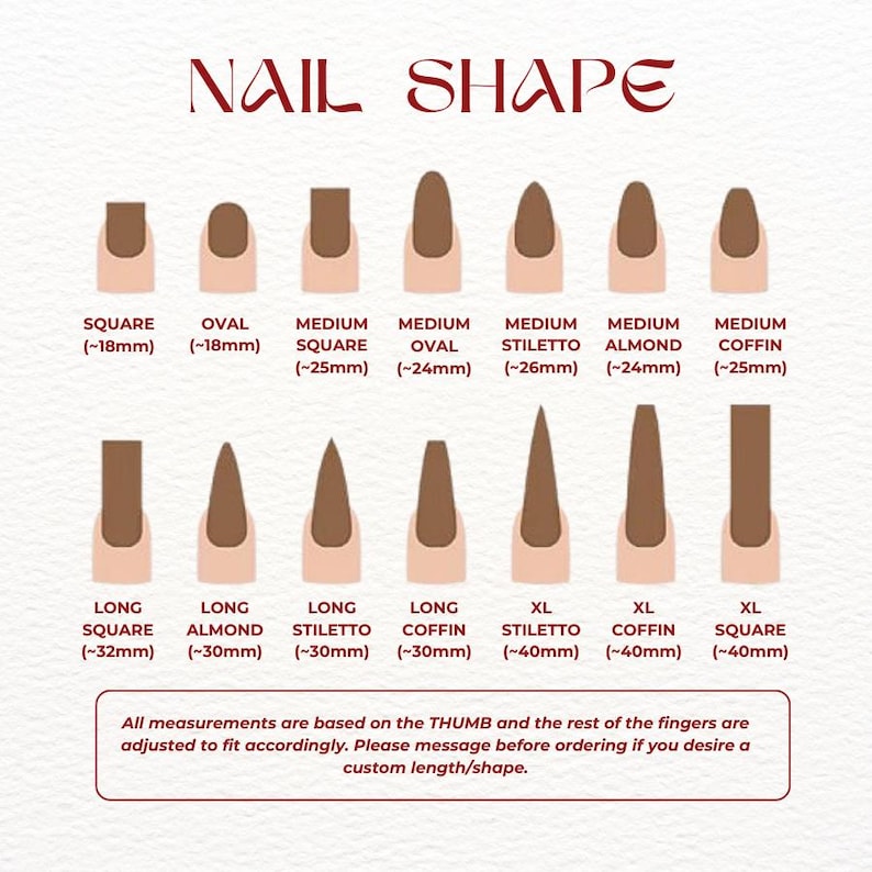 Puede incluir: Diagrama que ilustra varias formas de u&ntilde;as, incluyendo cuadrada, ovalada, stiletto y ata&uacute;d, con longitudes aproximadas en mil&iacute;metros. El texto superior dice "NAIL SHAPE". El texto inferior indica que las medidas se basan en el pulgar.