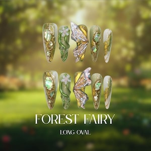 Fairycore Press On Nails, Butterfly, Emerald & Gold, Cottagecore, Long Almond Nails, Floral | 3D Nail Art, Festival, Wedding, Gift for Her image 2