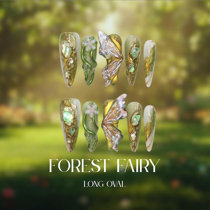 Fairycore Press On Nails, Butterfly, Emerald & Gold, Cottagecore, Long Almond Nails, Floral | 3D Nail Art, Festival, Wedding, Gift for Her image 2