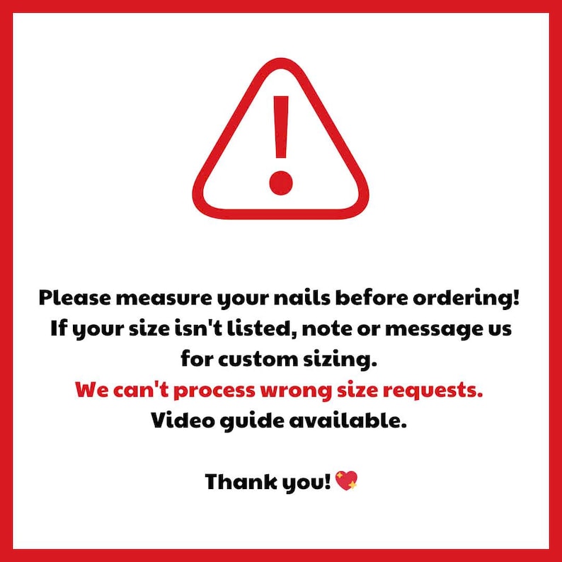 Puede incluir: Un tri&aacute;ngulo rojo con un signo de exclamaci&oacute;n, con texto que dice "&iexcl;Mide tus u&ntilde;as antes de ordenar!" y "No podemos procesar solicitudes de tallas incorrectas."