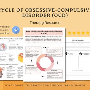 May include: A printable therapy resource titled "Cycle of Obsessive-Compulsive Disorder (OCD)". The design includes a diagram of the OCD cycle, an overview, and a worksheet for personal reflection. The color scheme is soft, with a yellow background.