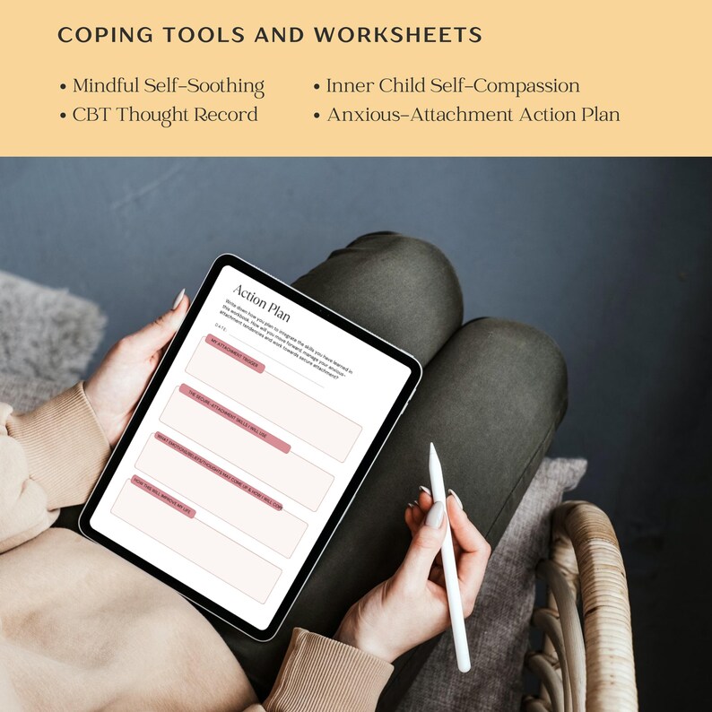 May include: A person is holding a tablet with a worksheet titled "Action Plan". The worksheet has four sections with lines for writing. The worksheet is for coping tools and worksheets.