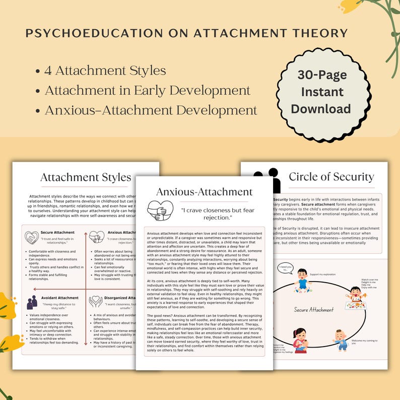 May include: A colorful infographic about attachment styles, featuring four different styles: secure, anxious, avoidant, and disorganized. The infographic includes descriptions of each style and how they impact relationships. The infographic also includes a circle of security diagram, which illustrates the importance of secure attachment in early childhood development.