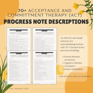 May include: Four pages of printable notes for Acceptance and Commitment Therapy (ACT) with headings for "Present Moment Awareness", "Values Clarification", "Cognitive Defusion", and "Acceptance". The text includes the phrase "70+ Acceptance and Commitment Therapy (ACT) Progress Note Descriptions".