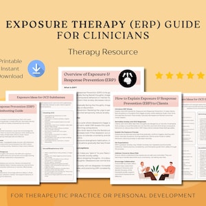 May include: A printable guide titled "EXPOSURE THERAPY (ERP) GUIDE FOR CLINICIANS" with the text "Therapy Resource." The guide includes sections on Exposure & Response Prevention, troubleshooting, and ideas for OCD subthemes. A blue download icon is visible.