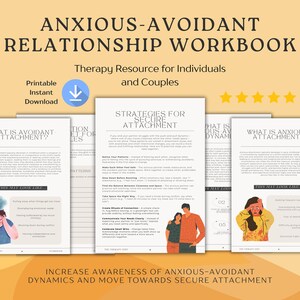Könnte beinhalten: Ein druckbares Arbeitsbuch mit dem Titel "Anxious-Avoidant Relationship Workbook" und dem Untertitel "Therapie-Ressource für Einzelpersonen und Paare". Das Arbeitsbuch ist in vier Abschnitte unterteilt: "Was ist vermeidendes Anhaften?", "Strategien für sicheres Anhaften", "Was sind ängstlich-vermeidende Dynamiken?" und "Was ist ängstliches Anhaften?" Jeder Abschnitt enthält eine Cartoon-Illustration einer Person.