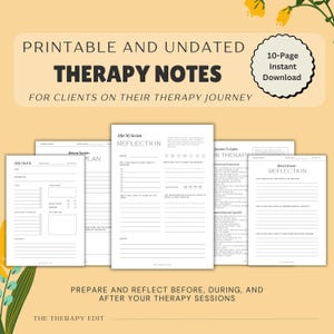 Könnte beinhalten: Druckbare und undatierte Therapienotizen für Klienten. Das Design umfasst einen sofortigen 10-seitigen Download mit Seiten für tägliche Check-ins, Pläne zwischen den Sitzungen und Reflexion. Der Text lautet: "Bereiten Sie sich vor und reflektieren Sie vor, während und nach Ihren Therapiesitzungen."