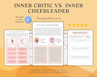 Inner Critic vs. Inner Cheerleader Worksheets, Self-Talk Reframing Self-Compassion, Printable Therapy Tools, Positive Affirmations