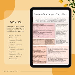 May include: A digital cheat sheet with a blue background and white text, titled "Anxious-Attachment: Cheat Sheet". The cheat sheet provides information about anxious attachment, including signs, common thought patterns, physical responses, behavioral responses, and strategies to move towards secure attachment.
