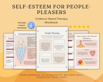 May include: A printable workbook titled "Self-Esteem for People-Pleasers: Evidence-Based Therapy Workbook" with a pink and blue iceberg illustration, a section on "People-Pleasing" and a section on "Notice Negative Self-Talk with Mindfulness".