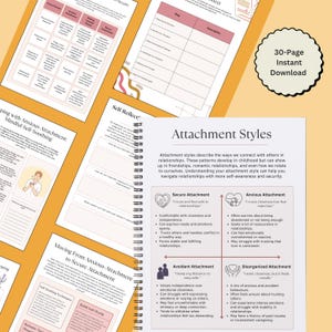 May include: A printable worksheet with a colorful design and the title "Attachment Styles". The worksheet describes four different attachment styles: Secure, Anxious, Avoidant, and Disorganized. Each style is illustrated with a simple graphic and a brief description of its characteristics.