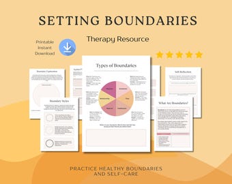 May include: Printable worksheet with the title "Setting Boundaries" and the subtitle "Therapy Resource". The worksheet includes sections on boundary exploration, boundary styles, types of boundaries, what are boundaries, and self-reflection. The worksheet is designed to help people practice healthy boundaries and self-care.