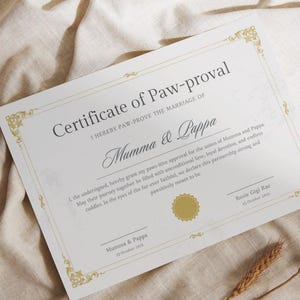Heiratsurkunde Paw-proval (Genehmigung) Canva Template, Print, Hochzeit, Braut, Bräutigam, Haustier, Hund, Zeremonienmeister, Welpe