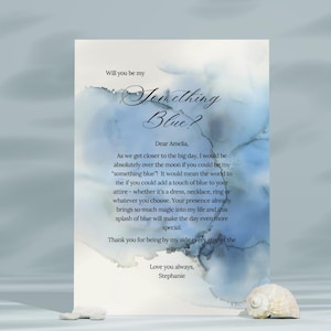 ¿Serás mi algo? Plantilla de Canva para tarjeta azul, impresión, boda, lazo, hermana, viejo, nuevo, prestado, dama de honor, mamá, hermano, amigo