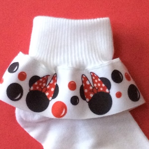 Minnie Mouse Inspired White with Red Ribbon Ruffle Socks