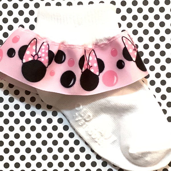 Disney Inspired Pink Minnie Mouse Ribbon Ruffle Socks