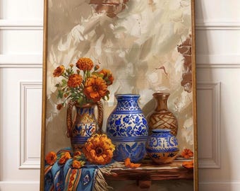 Vaso Talavera Mexicano Impressão Digital Herança Hispânica Calêndula Cempasúchil Arte de Parede Decoração de Cozinha Latinx Arte Rústica em Cerâmica Azul Imprimível