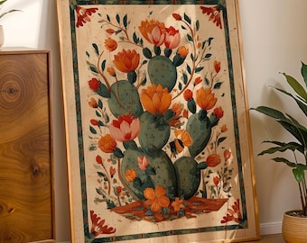 Op de afbeelding: Een rechthoekige ingelijste kunstdruk met een centrale illustratie van groene cactusbladeren versierd met levendige oranje en rode bloesems, tegen een lichtbeige achtergrond met een donkerblauwe decoratieve rand.