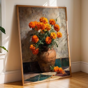 Warm Nostalgic Marigold Still Life Wall Art | Mexican Folk Kitchen Decor | Checkerboard Table Floral Printable Art