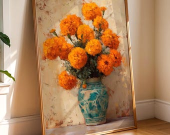 May include: A framed painting featuring bright orange marigold flowers in a turquoise and white patterned vase. The artwork has a gold frame and is set against a neutral background, creating a striking contrast.