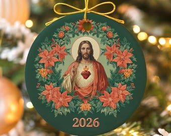 Sacred Heart of Jesus Ornament 2026 | Catholic Christmas Ornament | Vintage Mexican Religious Decor | Poinsettia Ornament | Christian Gift