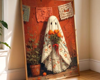 Mexican Folk Art Ghost Digital Print | Halloween Wall Art with Papel Picado, Marigolds & Monarch Butterflies | Dia de los Muertos Decor