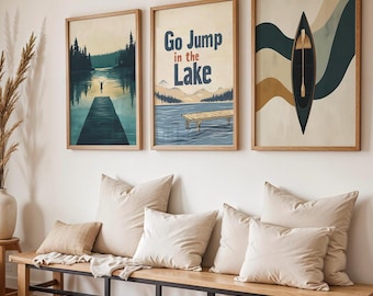 Juego de 3 impresiones de arte de pared con cita del lago, decoración de días en el lago, impresión "Ve a saltar al lago", regalo de casa del lago, arte abstracto del lago, guardería de cabaña del lago digital