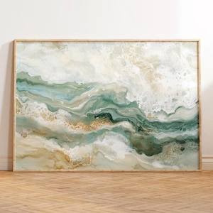 Abstracte kustdecoratie met oceaanmotief, saliegroene horizontale print, strandhuisdecoratie, textuur, luchtfoto van strandgolven, modern strandlandschap