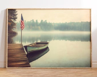 American Flag Canoe Lake Print: Rustic Cabin Wall Art (Digital Download)