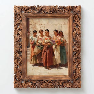 May include: A framed painting depicts five women in traditional attire, each holding flowers or a basket. The women stand in front of a stone wall. The ornate, brown wooden frame adds a decorative touch to the artwork.