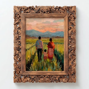 May include: A framed painting depicting a family walking through a field, with a sunset and mountains in the background. The frame is made of carved wood with intricate details. The painting's colors include green, orange, and blue.