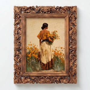 May include: A framed artwork depicts a woman in a yellow top and white skirt holding a bouquet of yellow flowers in a field of orange flowers. The artwork is in a detailed, ornate, brown wooden frame.
