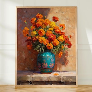Mexican Marigold Unframed Poster | Turquoise Pottery Wall Art | Día de Muertos Folk Floral Print | Vibrant Mexican Home Decor