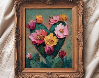 Heart Cactus Floral Art Print | Mexican Inspired Wall Art | Prickly Pear Painting | Colorful Desert Decor | Latina Home | Digital Download