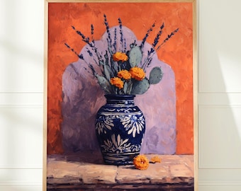 Talavera Vase Art Print | Mexican Marigold Wall Art | Nopal Cactus Painting | Latina Home Decor | Colorful Folk Art | Digital Download